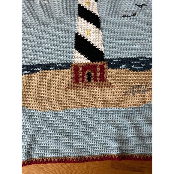 Vintage crocheted blanket with lighhouse scene 68" x 43" - Picture 4 of 7